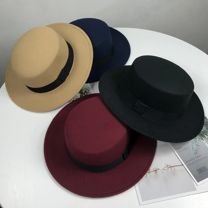 秋冬礼帽英伦黑色平顶帽韩版赫本绅士爵士帽平檐毛呢宽檐男女帽子