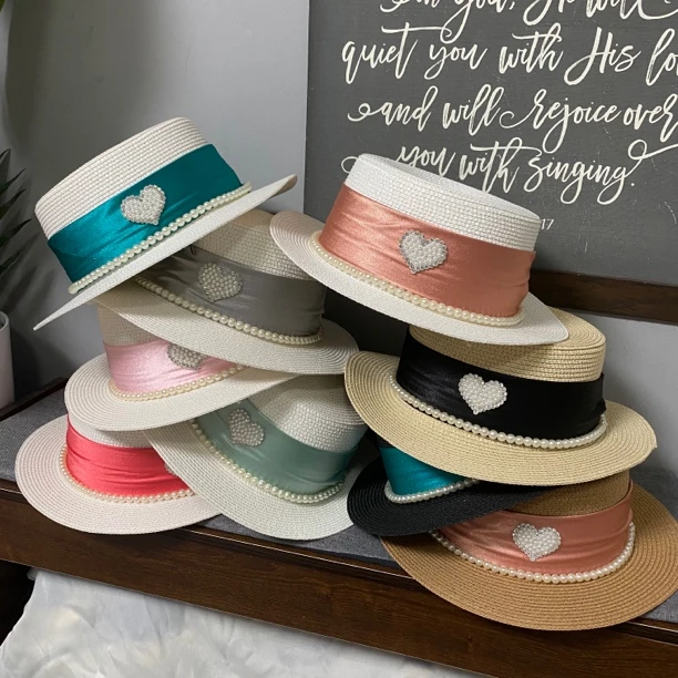 夏季礼帽防晒草帽女优雅珍珠小檐平顶帽时尚气质潮流百搭平沿草帽