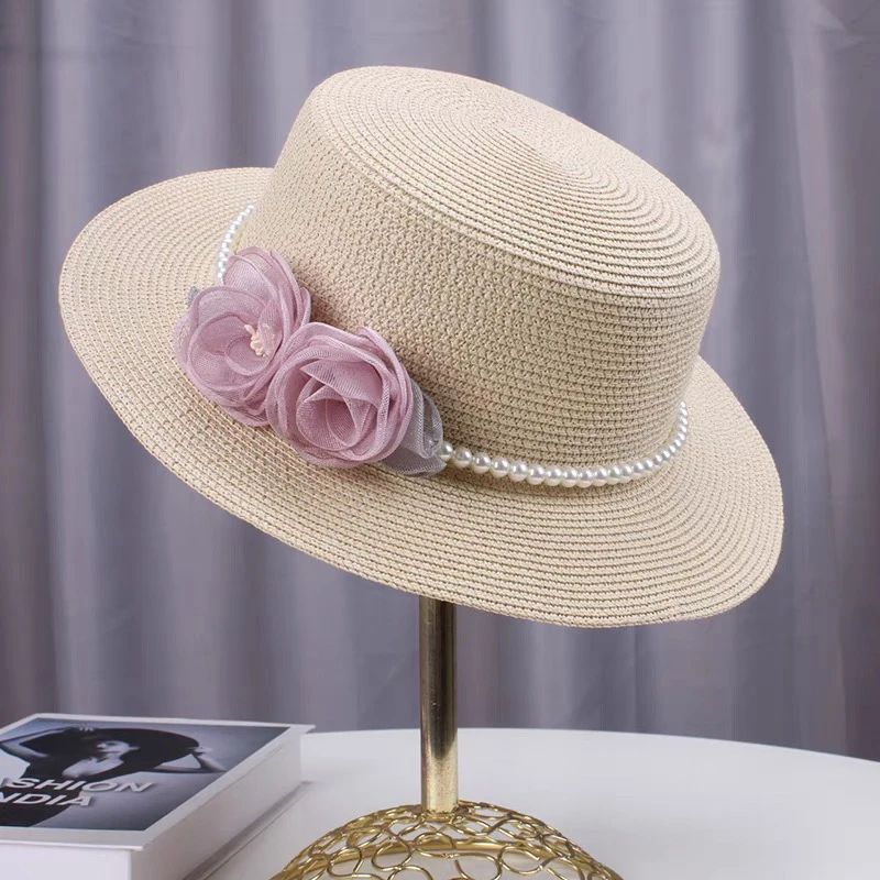 田园风草帽子女夏季海边沙滩遮阳防晒太阳帽法式拍照珍珠平顶礼帽