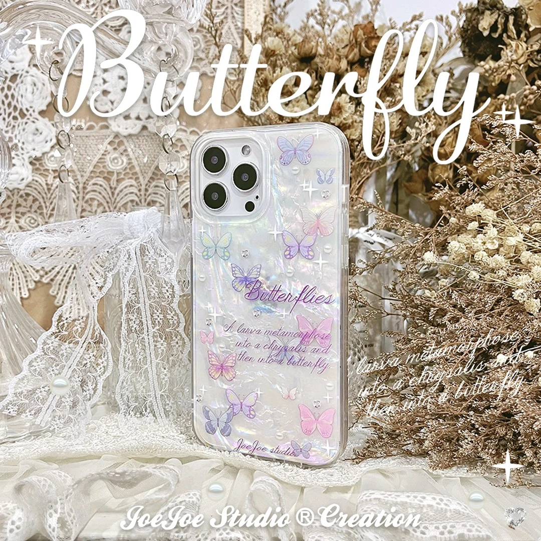 JOEJOE原创蝴蝶适用苹果13贝壳纹手机壳iPhone14promax双层12小众
