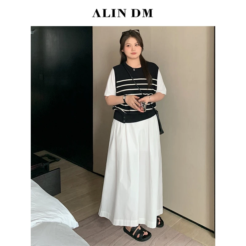 ALINDM【学院假两件】大码微胖mm拼接假两件条纹短袖针织T恤 L80050