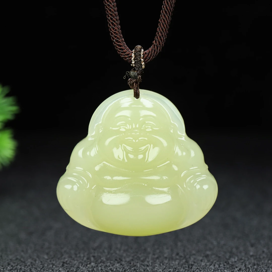 青海料黄口40mm双面大佛公料子干净细腻带绳子礼盒收藏品