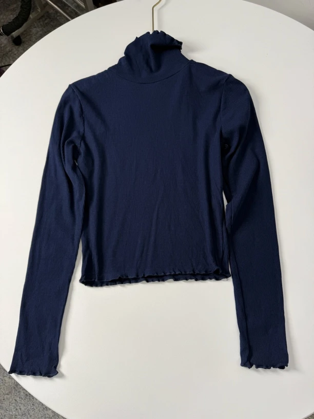 B153366高弹力木耳边设计高领打底衫半高领