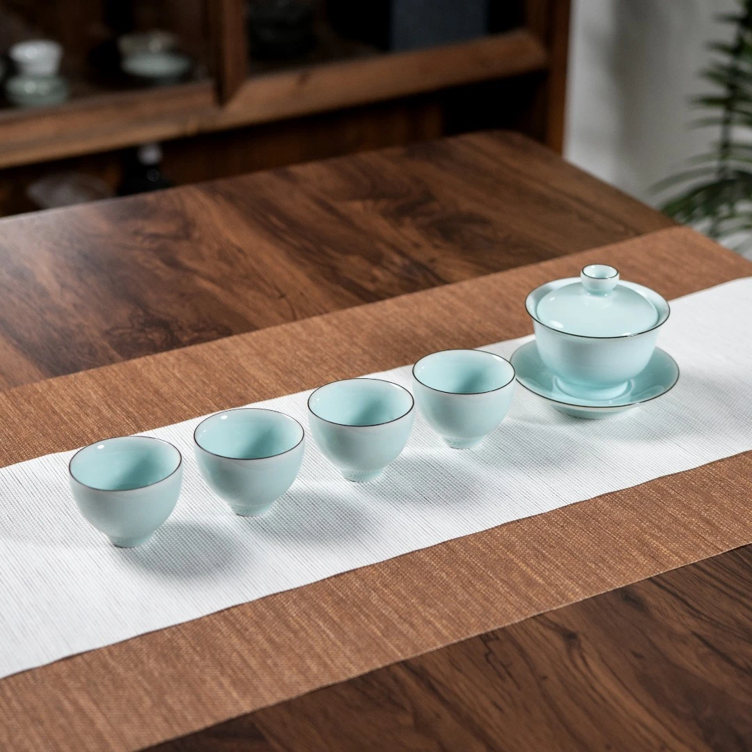 粉青三才盖碗茶具高档功夫茶杯办公室家用泡茶杯套装青瓷白里透蓝