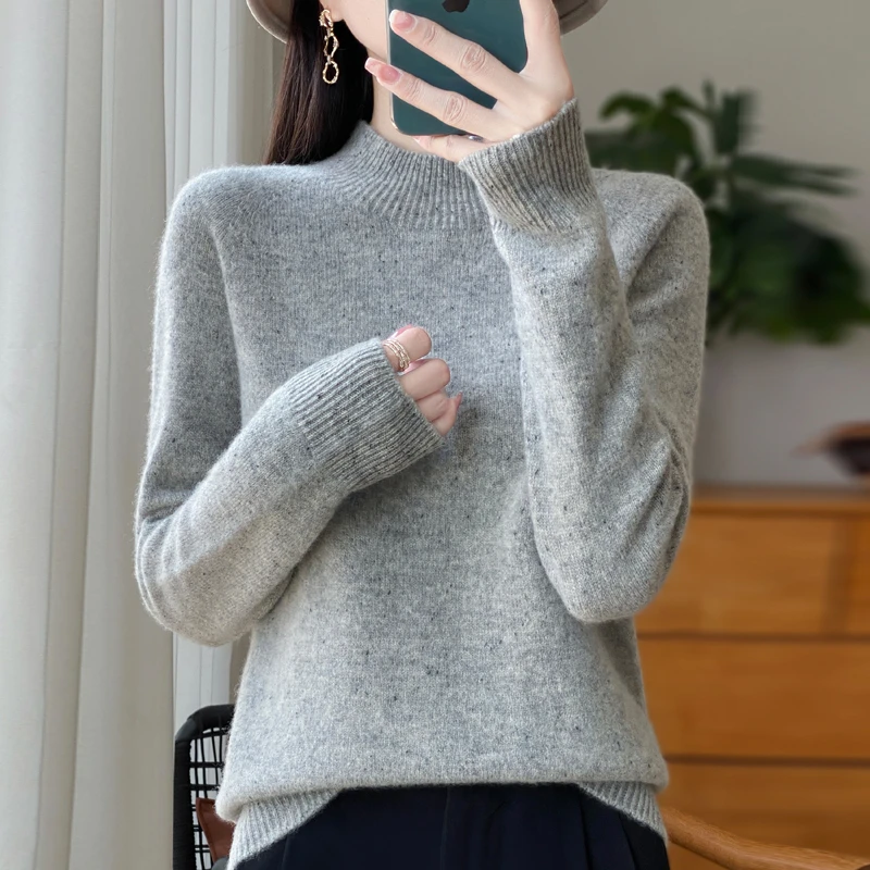 【JJ-150】女士半高领点子纱七针高密时尚羊毛衫显瘦百搭长袖打底衫