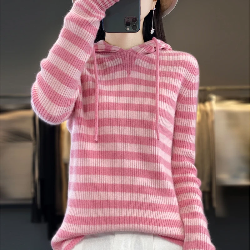 【JJ-117】女士时尚连帽彩条羊毛衫长袖显瘦百搭秋冬针织条纹打底衫