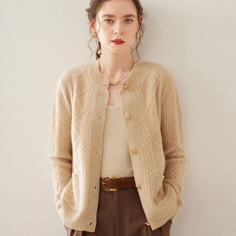 【JJ-813】女士圆领扭花带兜开衫七针双股加厚百搭时尚针织羊毛开衫