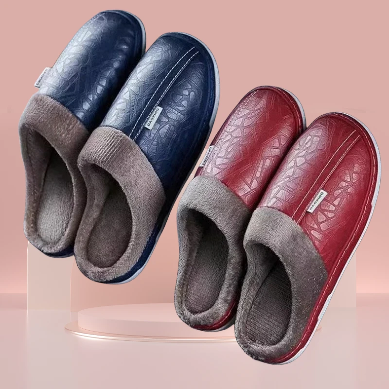 防水棉拖鞋女秋冬季PU面软底防滑情侣居家用厚底纯色保暖棉拖鞋男