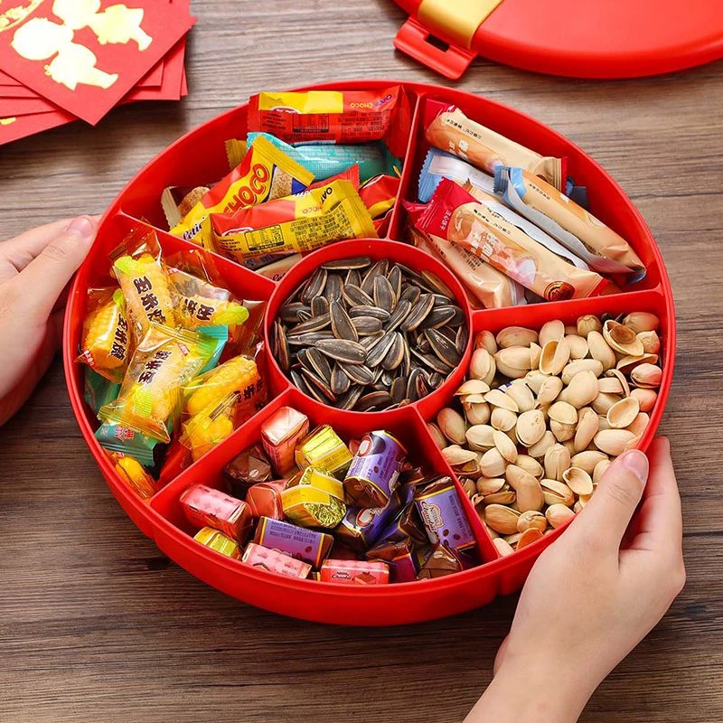 中式红色糖果盒多格坚果盒塑料带盖密封水果盘现代客厅茶几干果盒