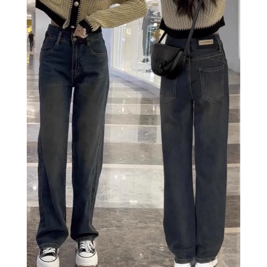 大码复古直筒牛仔裤女微胖MM春季新款窄版拖地长裤高腰显瘦阔腿裤