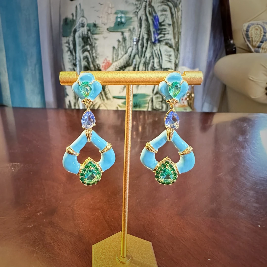 B1049中古蓝色珐琅彩水滴耳环