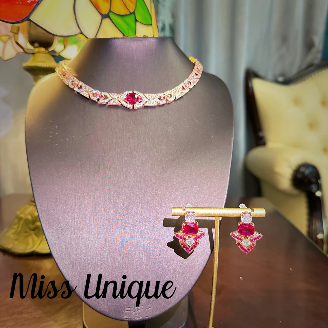 E8721宝家红色椭圆choker项链套装