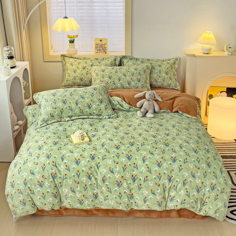 新款加厚时尚保暖牛奶绒床品套件珊瑚绒床单双面牛奶绒学生三件套