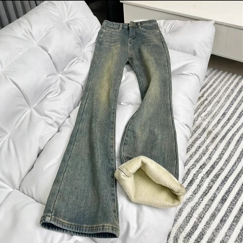 BUMENYLEE大码女装冬季新款加绒微喇牛仔裤女高腰显瘦弹力马蹄裤