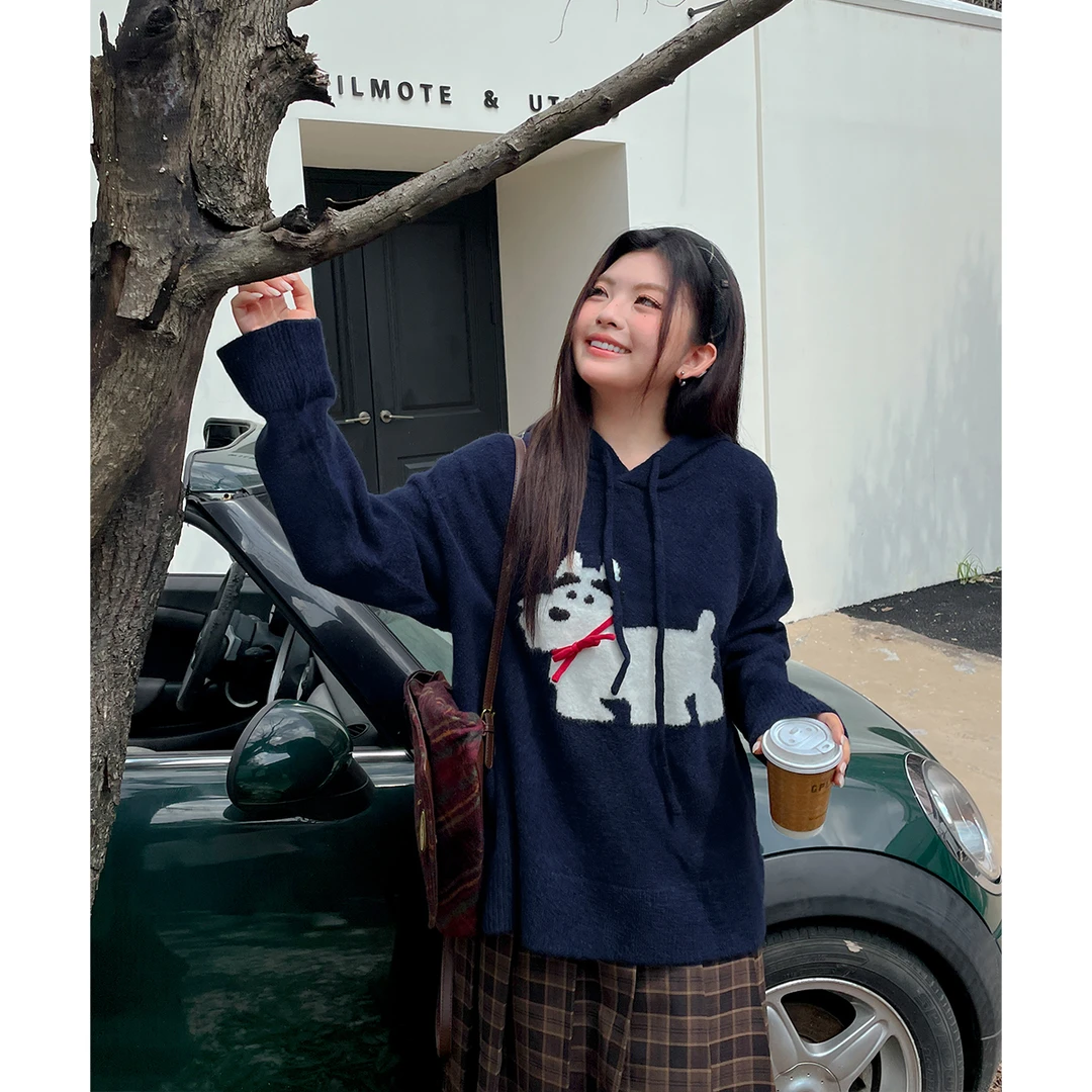 BUMENYLEE大码女装新款小狗连帽套头针织毛衣女秋冬宽松百搭款