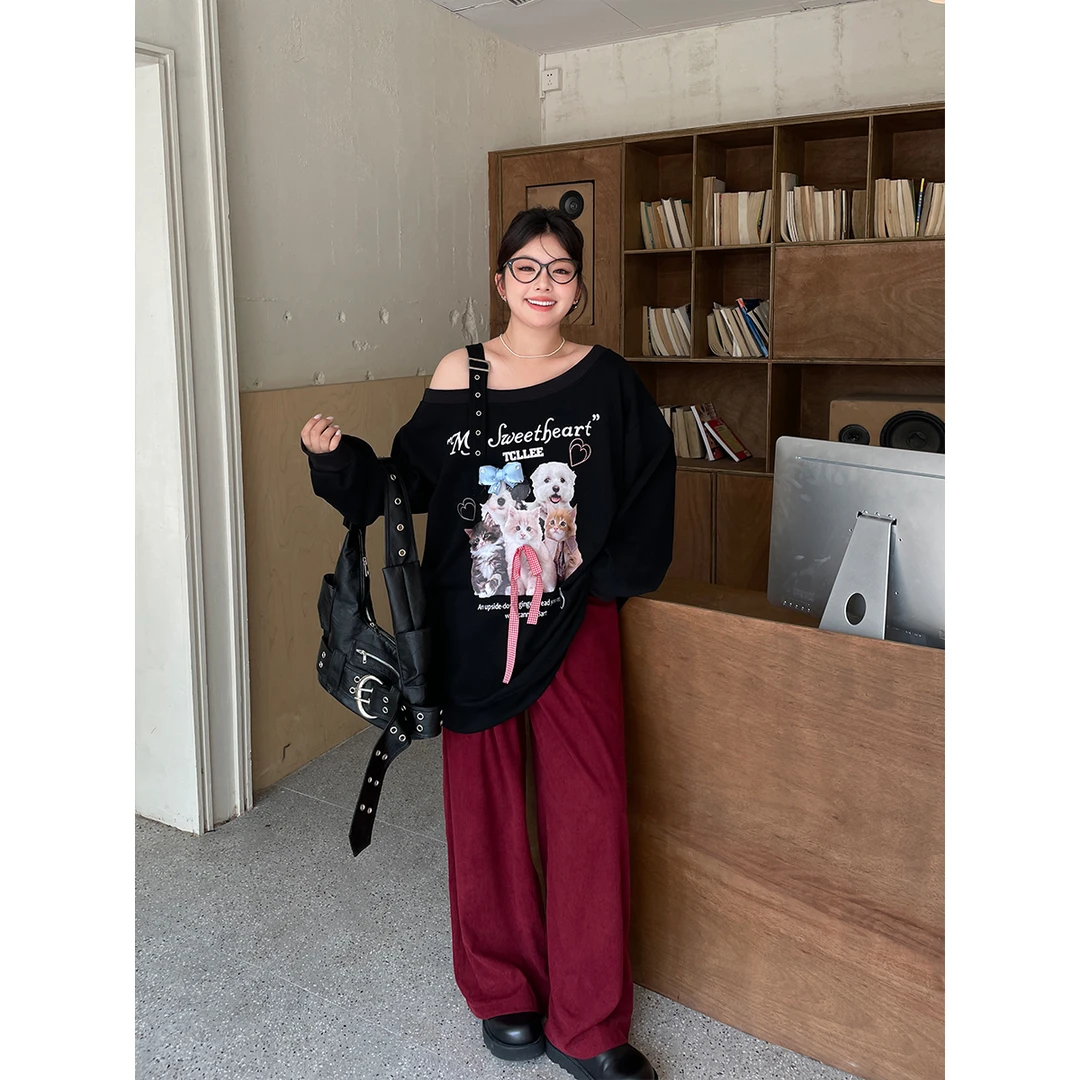 BUMENYLEE大码女装休闲裤秋季新款显瘦安可拉红复古阔腿裤百搭款