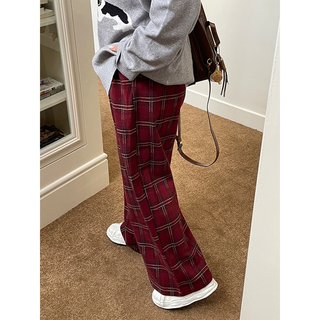 BUMENYLEE大码女装秋冬新款阔腿格子休闲宽松洋气女孩显瘦直筒裤