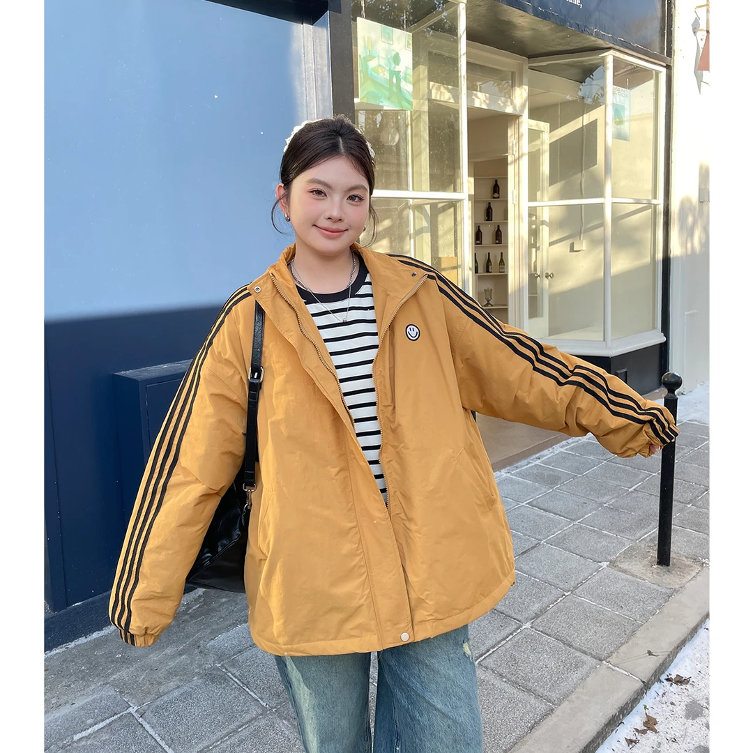 BUMENYLEE大码女装新款上衣秋冬款百搭复古三条杠立领撞色棉服