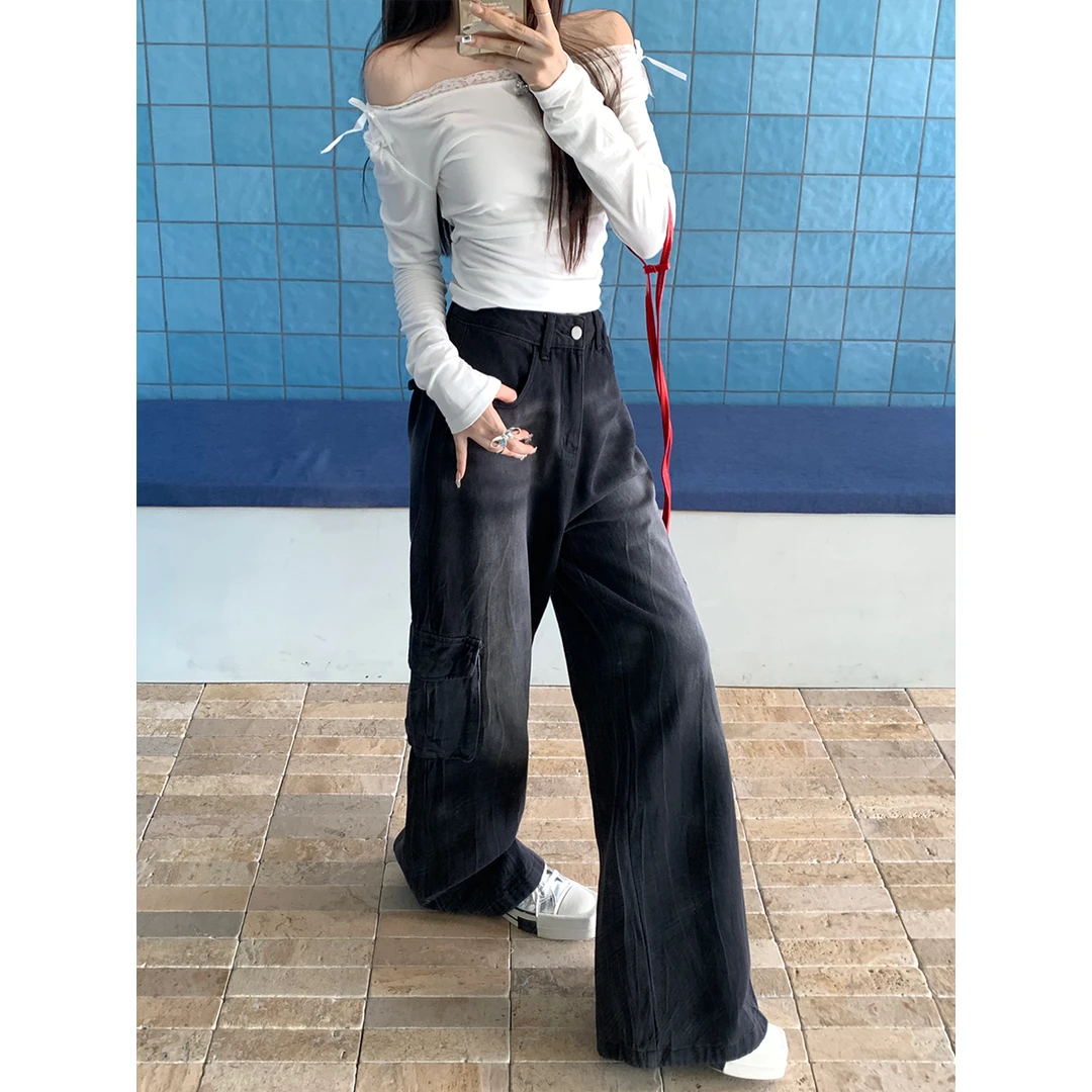 BUMENYLEE美式高街黑灰色工装牛仔裤女秋季设计感高腰显瘦阔腿裤