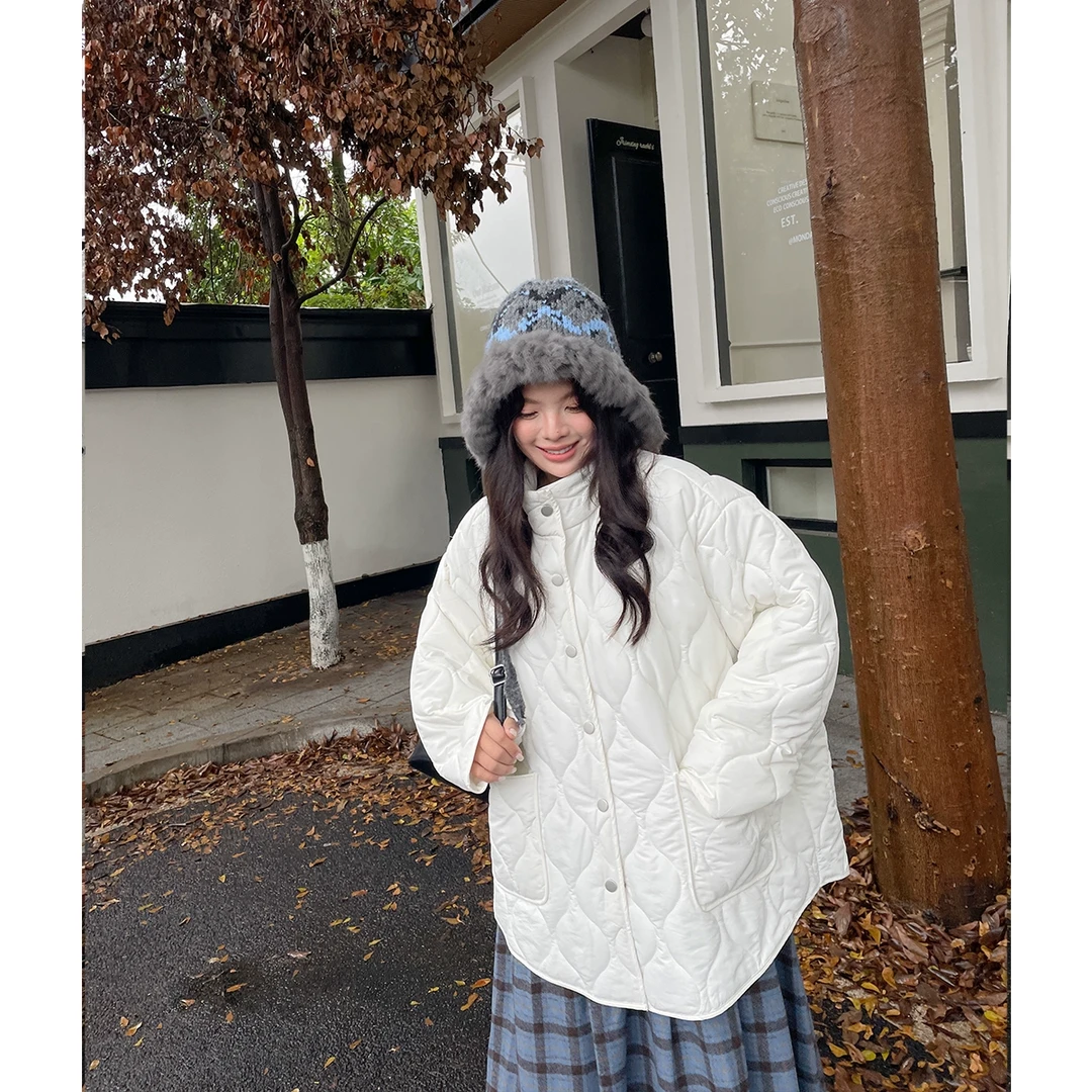 BUMENYLEE大码女装棉服冬季新款韩版宽松百搭上衣胖mm菱格时尚