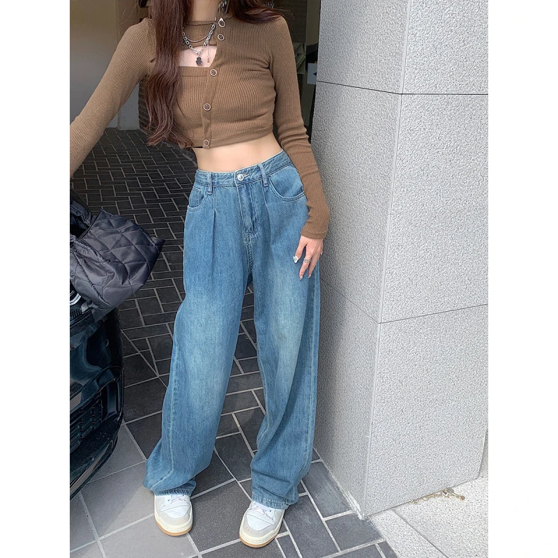 大码胖mm夏秋季宽松直筒高腰阔腿牛仔裤显瘦垂感设计感拖地裤