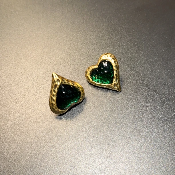 铜合金琉璃耳饰 复古心形耳环925银针vintage宫廷饰品 EDCuc 0050