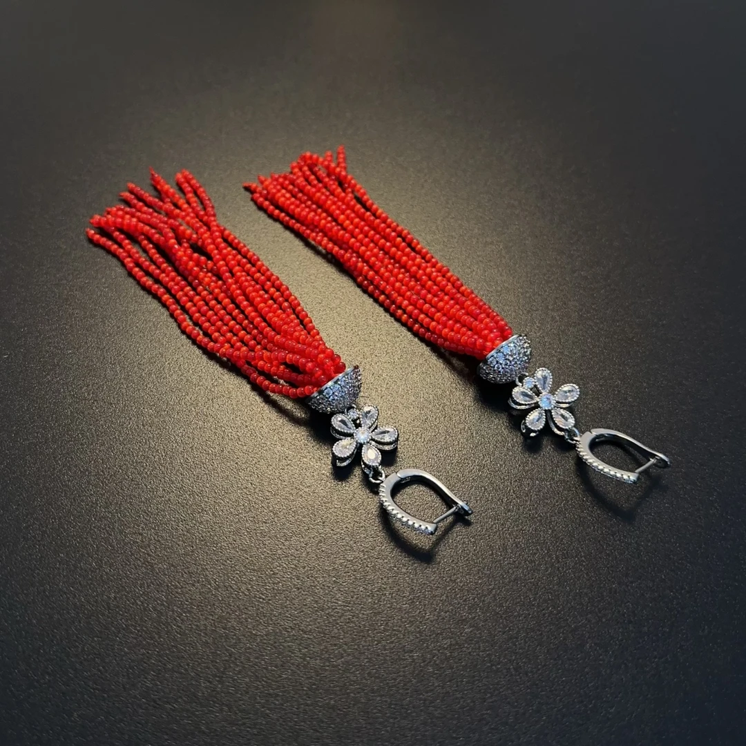 钛钢锆石耳饰 红流苏耳环新年过年国风耳饰扫肩饰品EDGlc 0149