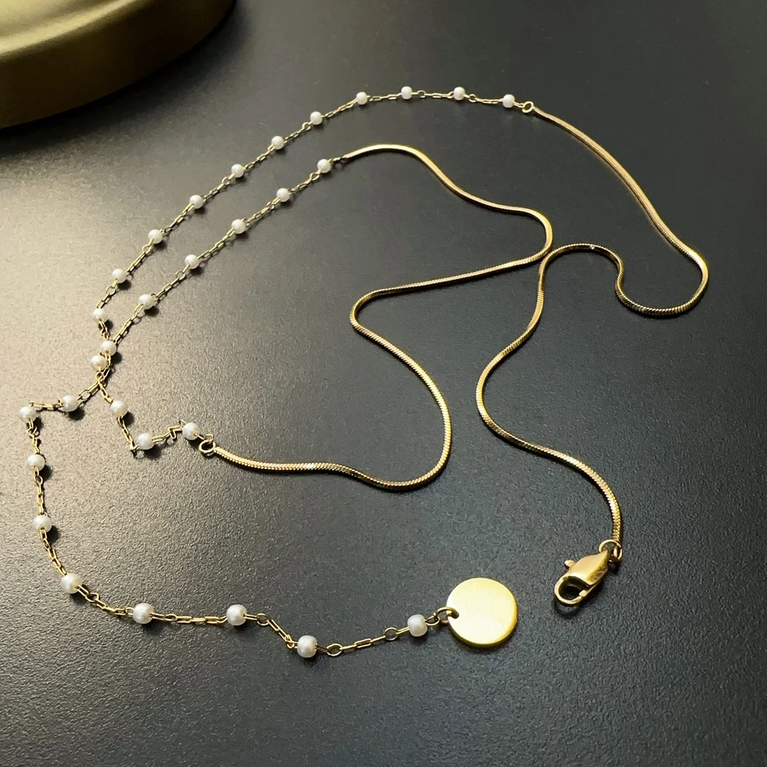 合金琉璃项链 多种戴法长项链金色超细珠珠两圈颈链NECug 0231