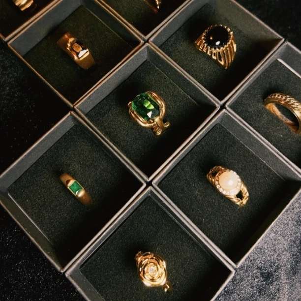 铜合金戒指 素圈18K镀金戒指螺纹旧金复古色指环大戒指