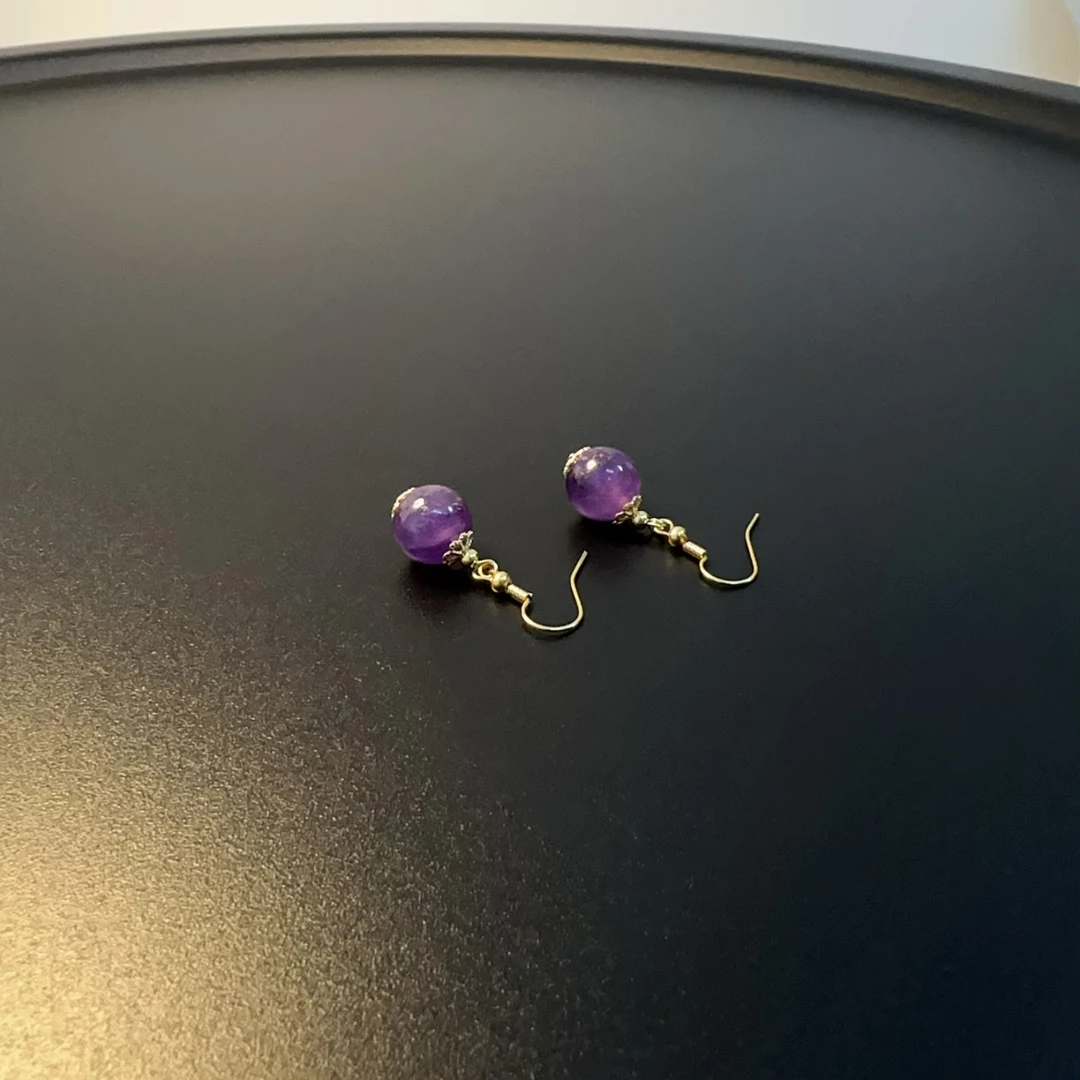 合金石英石耳饰 紫色耳环新中式优雅国风紫色耳球耳珠 EDGlc 0213