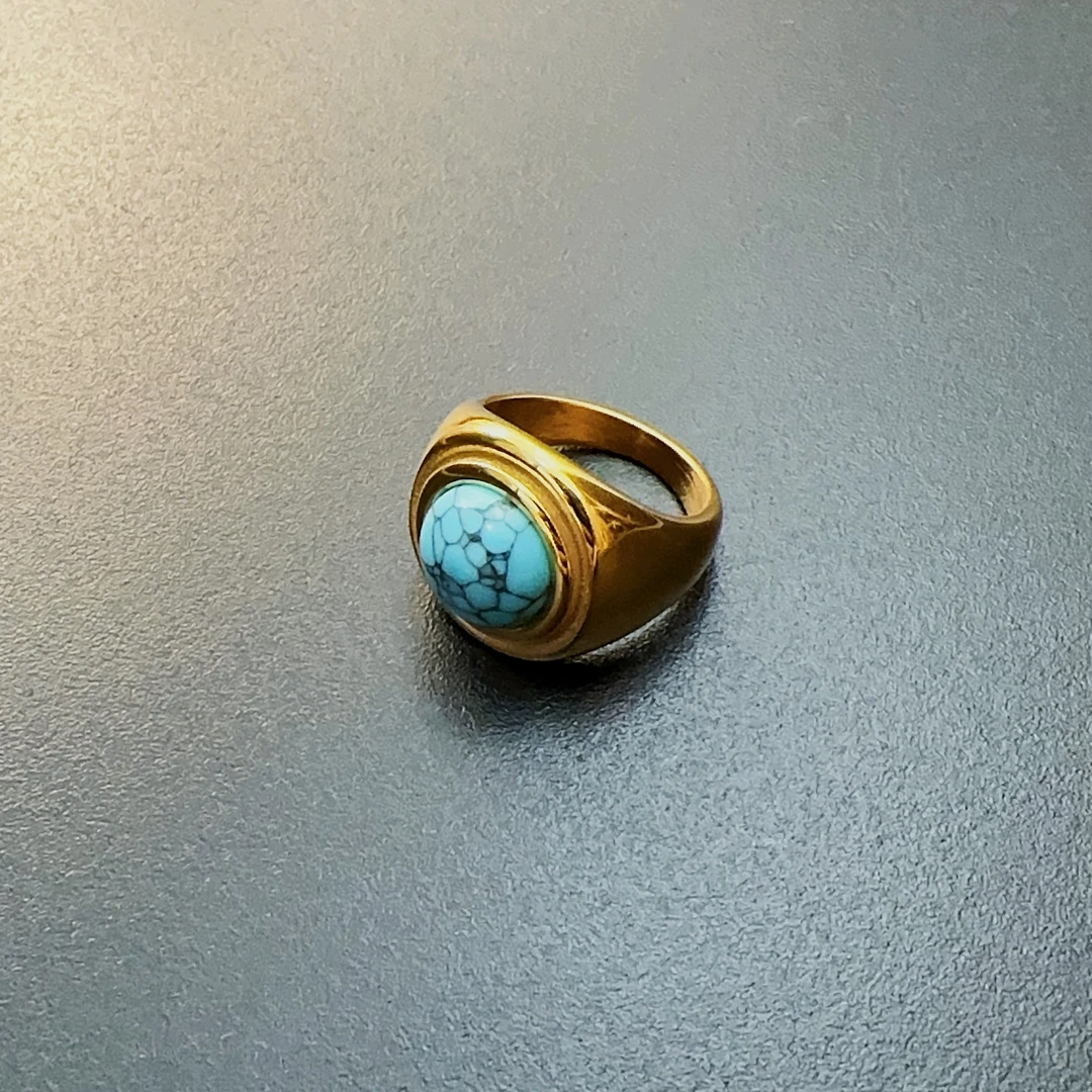 合金石英石戒指 复古蓝色戒指金属感简约指环圆形RICug 0170