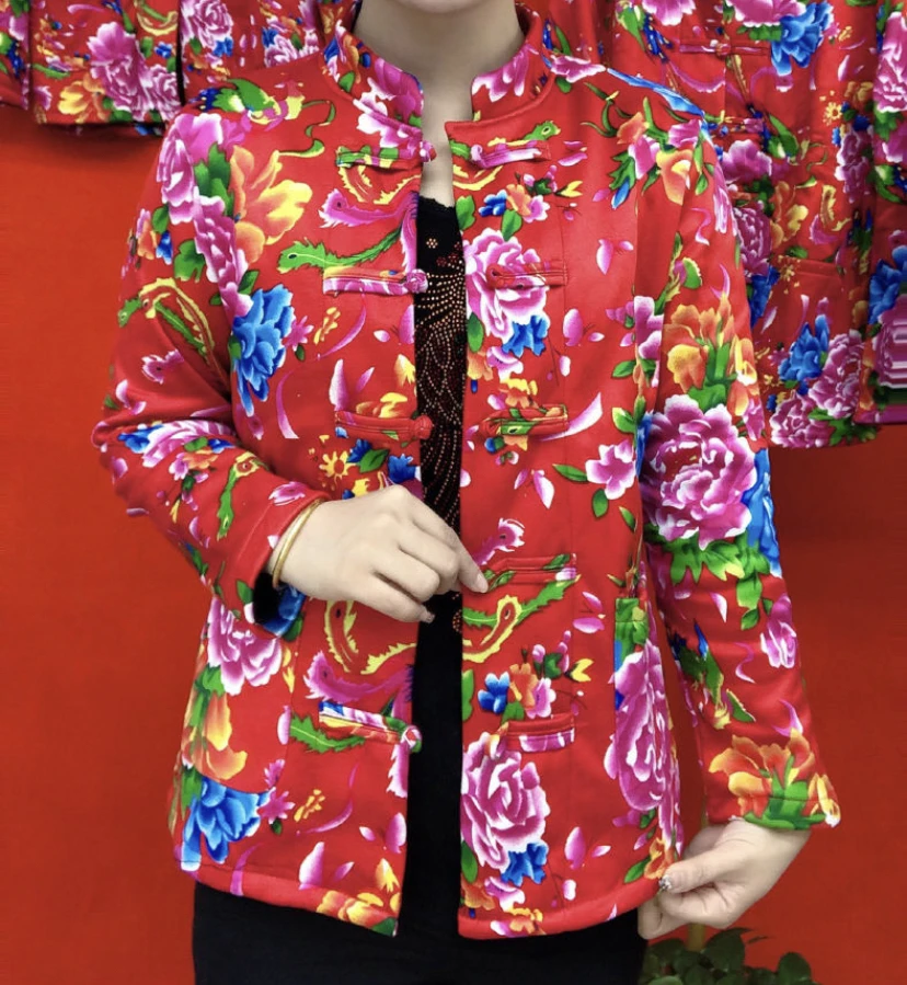 东北大花加绒打底衫外套上衣弹力大码中老年复古国潮东北风上衣