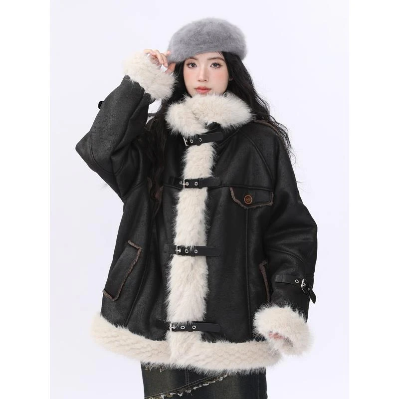 2024冬季新款美式复古拼接羊羔毛麂皮绒保暖加厚棉服长袖外套男女