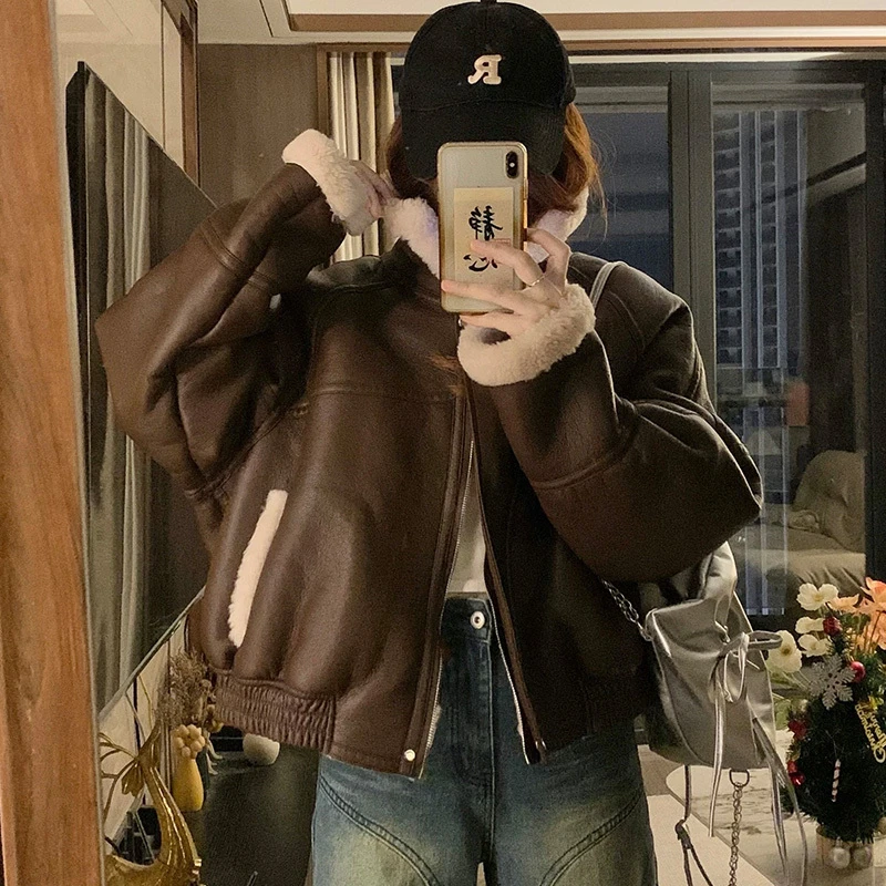羊羔毛皮草短款夹克2024冬季新款皮毛一体外套男女甜酷机车服棉衣