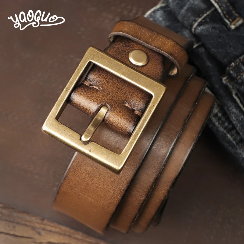 美式复古男士真皮腰带头层加厚牛皮黄铜针扣皮带工装牛仔裤带个性