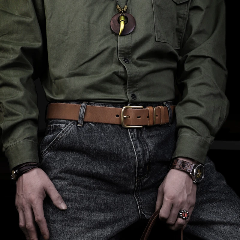 手工纯牛皮皮带男士真皮复古休闲牛皮腰带头层牛皮针扣牛仔裤皮带