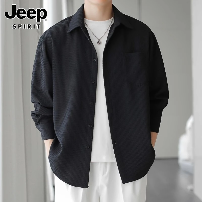 JEEP吉普长袖衬衫开衫秋季美式男生休闲百搭纯色帅气男士衬衣外套