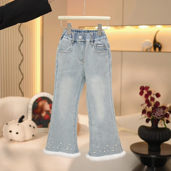 【米拉】女童加绒微喇牛仔裤秋季新款中大童2024休闲裤洋气宽松裤子