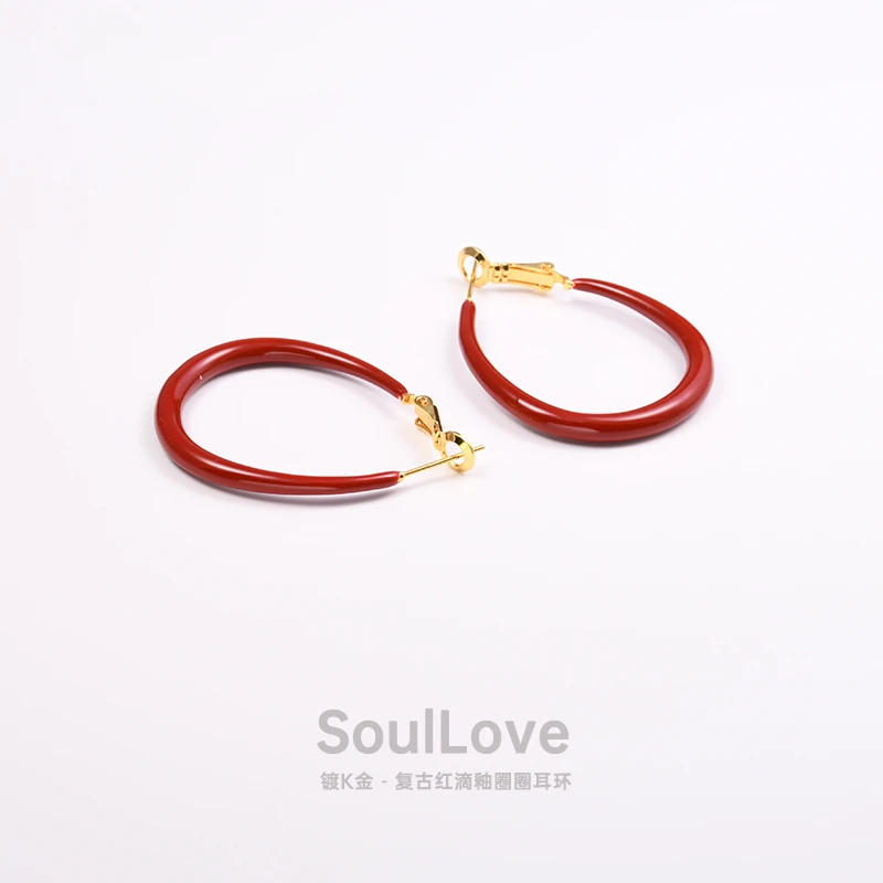 铜合金耳饰 复古红滴釉圈圈耳环简约气质百搭时尚个性红色中古ins