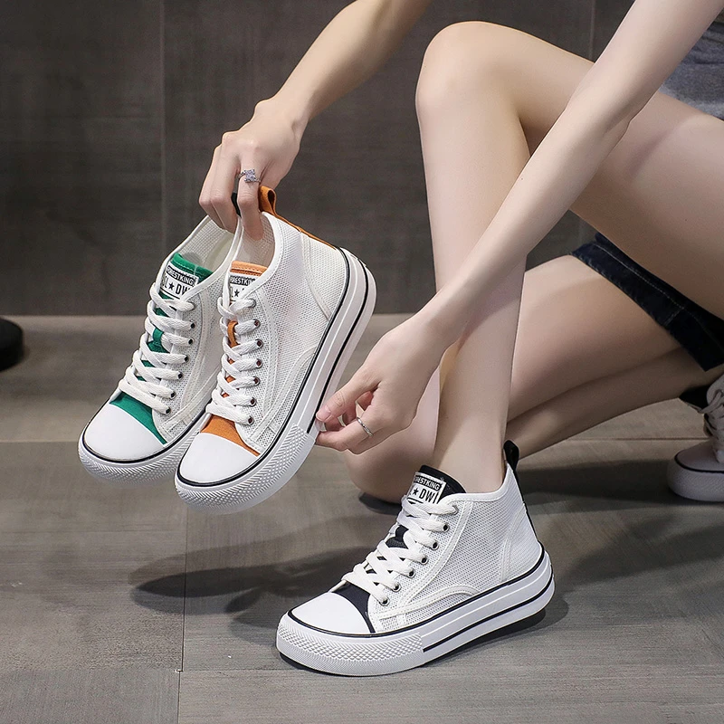 高帮帆布鞋女2025新款夏季网面镂空透气百搭休闲小白运动板鞋薄款