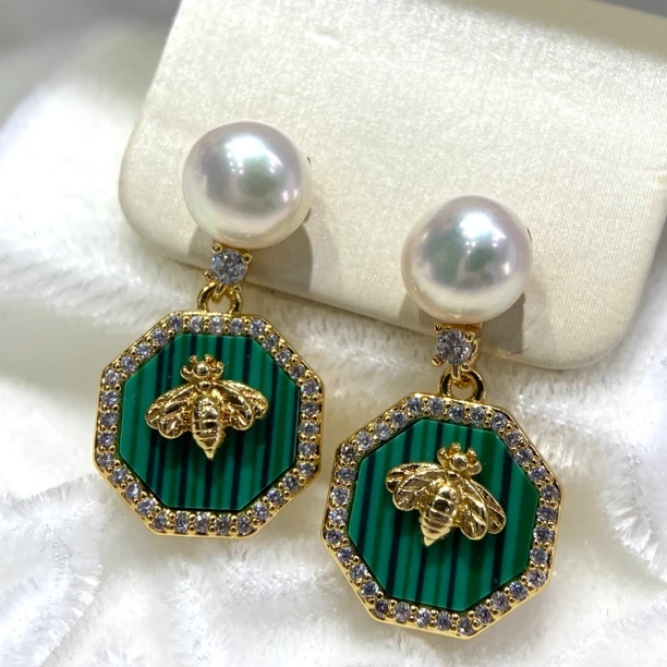 淡水极光珍珠港风简约时尚耳环小众轻奢气质蜜蜂六边形百搭耳钉