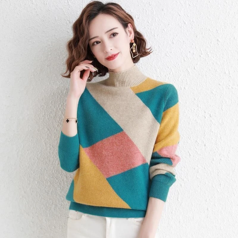 毛衣女打底衫2025年新款秋冬保暖厚拼色半高领针织衫毛衣打底内搭