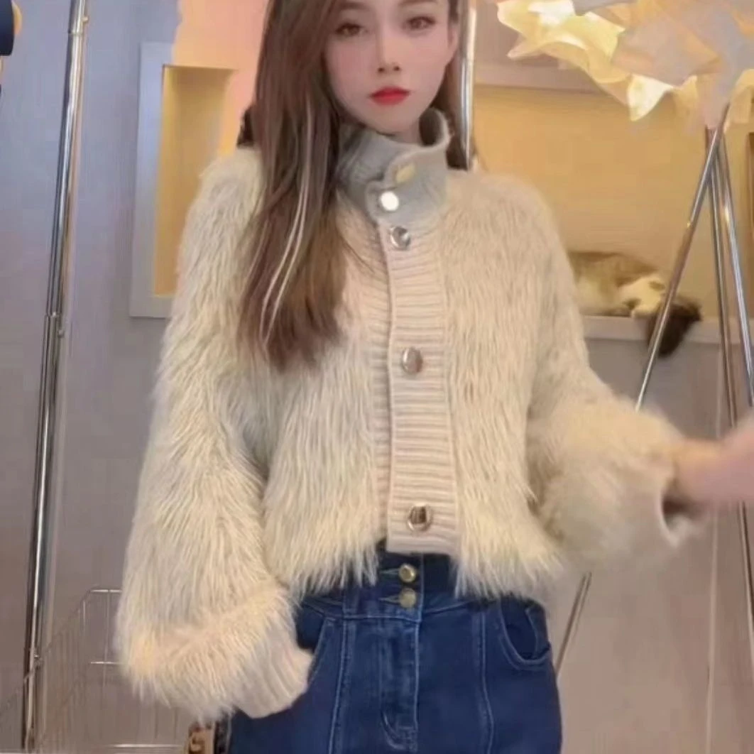 毛衣女秋冬水貂绒2023新款网红爆款开衫V领甜美减龄长袖上衣外套