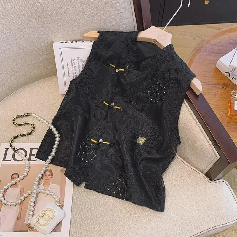 iosn重工刺绣复古盘扣背心上衣女夏季新中式高端宋锦马甲短款无袖