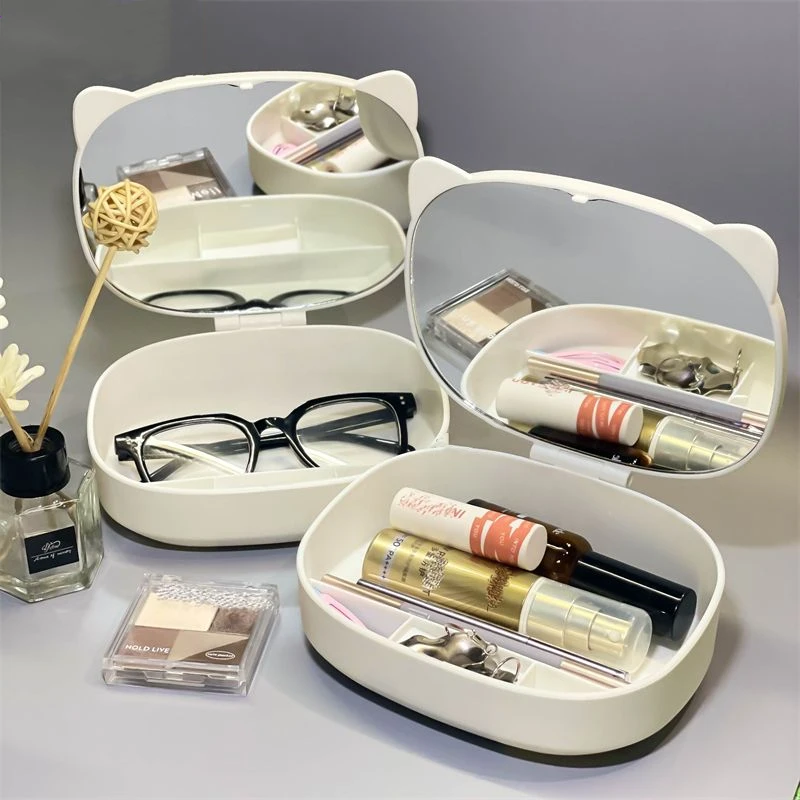 ins风梳妆台镜子折叠化妆镜女带收纳盒学生宿舍台式桌面家用小型