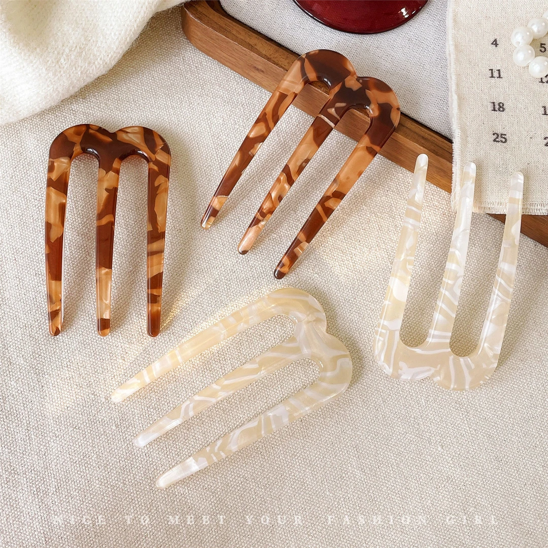 三齿发梳醋酸u型发簪新中式2024新款高级感插梳低丸子头盘发神器