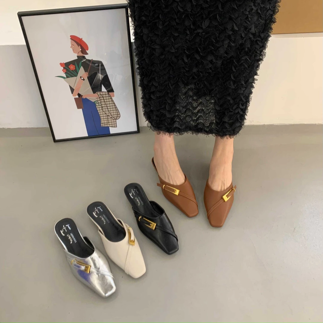 夏季气质百搭方头浅口凉鞋玛丽珍复古粗跟低跟时尚包头外穿凉拖鞋