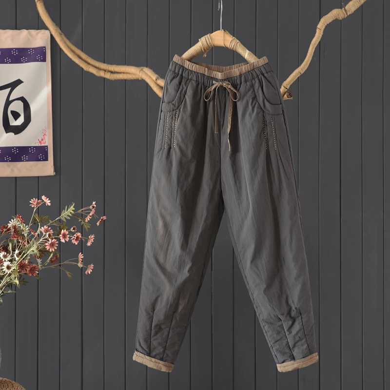 通勤简约撞色系带夹棉保暖哈伦裤小脚裤女文艺宽松显瘦长裤棉裤冬