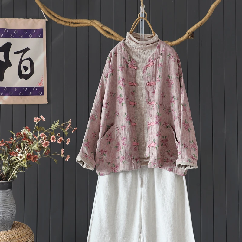 复古中国风立领盘扣外套女100%棉质文艺宽松长袖印花外搭开衫茶服