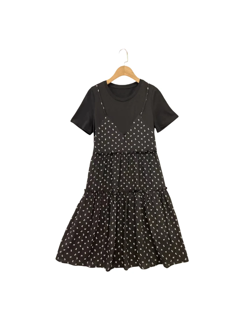 2823  假两件  拼接  碎花  时尚 休闲 百搭 连衣裙